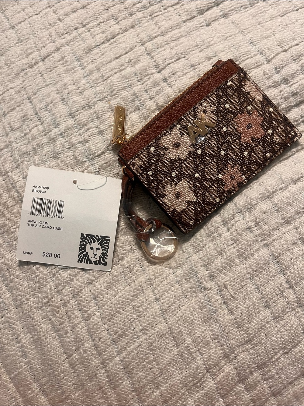 Anne Klein Brown Floral Top Zip Card Case with Keyring